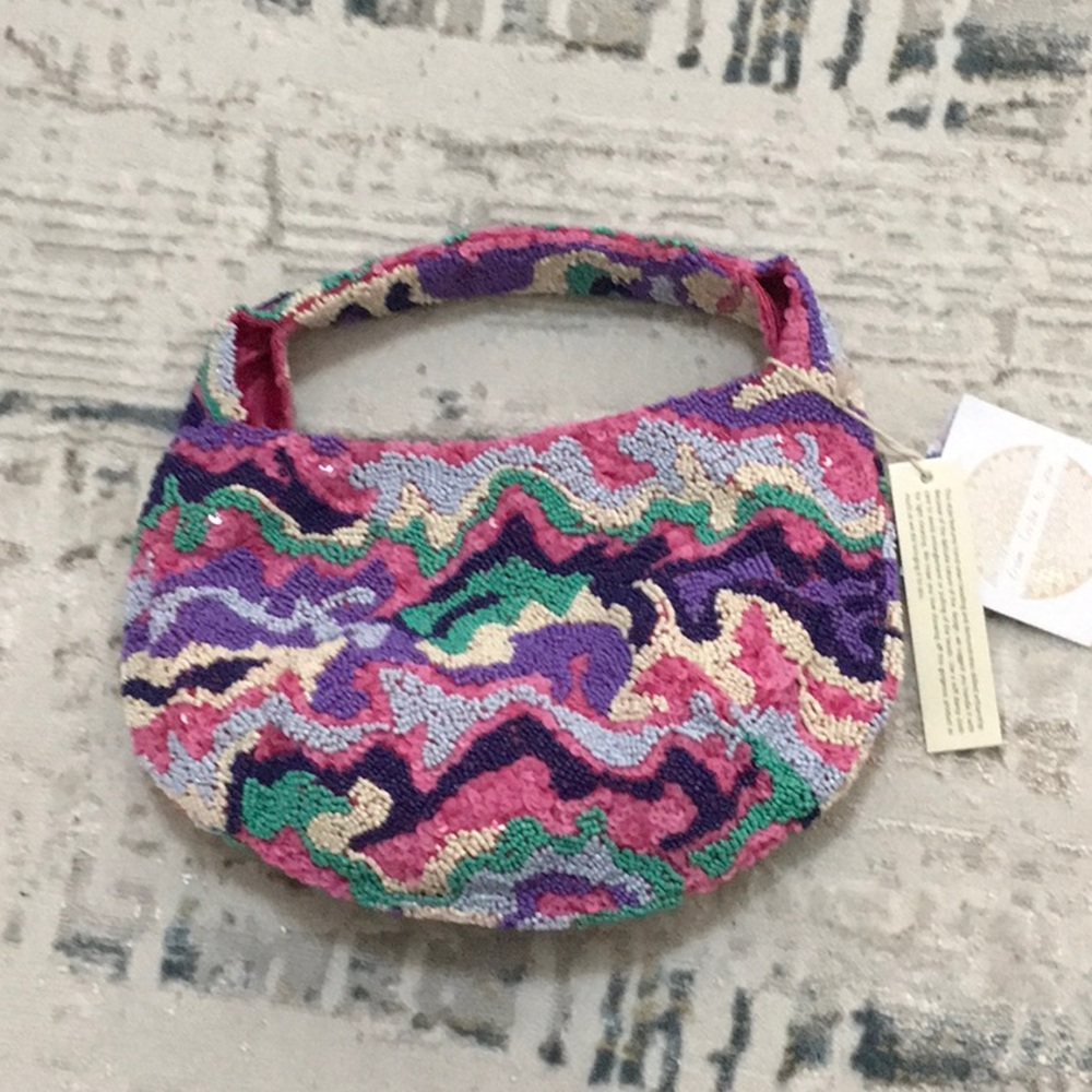 Beaded Multicolor Women's Satchel Bag - Pink, Purple & Green
